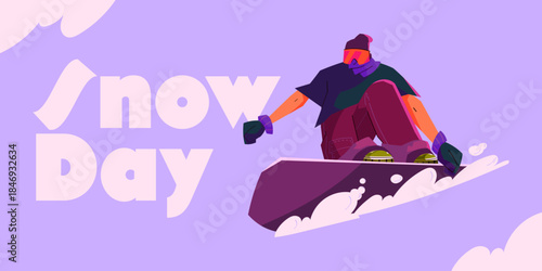 Winter banner with snowboarder and Snow Day text. Modern vector illustration for winter sport promotion, ski resort advertising, posters, social media banners and seasonal marketing design