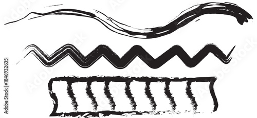 Distressed Grunge Hand-Drawn Brush Strokes Set: Wavy, Zigzag, and Artistic Design Elements