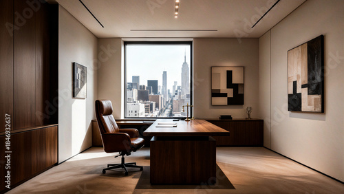 Modern Executive Office Interior with Wooden Desk and Leather Chair, Minimalist Corporate Workspace Design with Large Window and City Skyline View