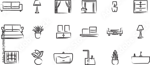 Grunge Hand-Drawn Home Furniture and Interior Decor Icons Set: Sketch Style