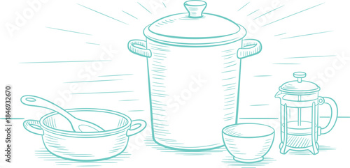 Vintage hand drawn illustration of kitchen pots tall stockpot bowls and French press coffee maker in detailed black and white sketch style