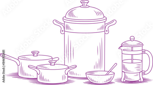 Vintage hand drawn illustration of kitchen pots tall stockpot bowls and French press coffee maker in detailed black and white sketch style