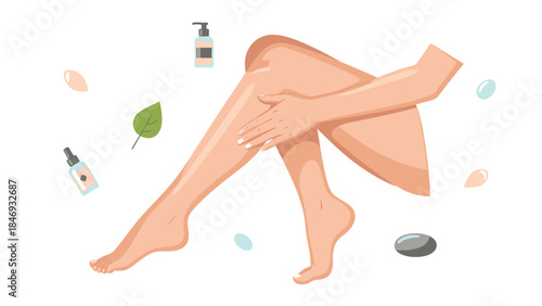Woman gently applying lotion to her legs, showcasing skincare and self-care routines for smooth, healthy skin, promoting wellness and beauty.