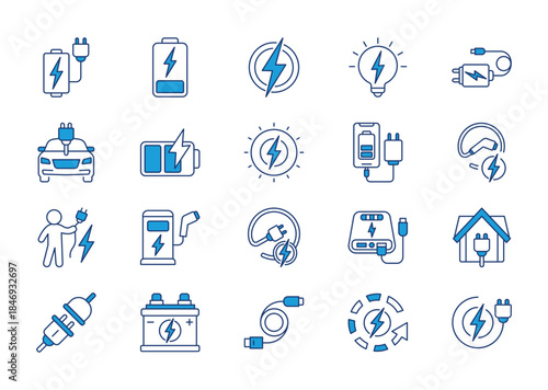 Charging thin blue icon set. Containing battery, energy, electricity, charger, recharge, electric car, charged, power