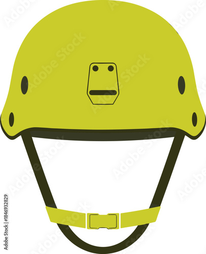 Yellow military helmet with chin strap, combat headgear, army protection gear, tactical safety equipment, soldier defense icon