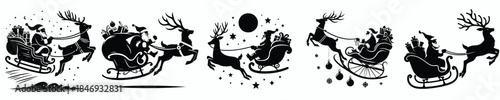 vector silhouette of santa claus with reindeer sleigh distributing christmas gifts