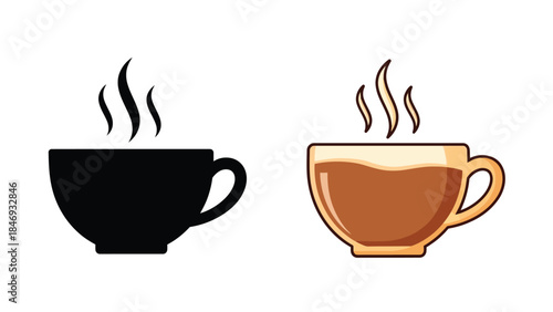 Two coffee cups one black silhouette and one colored with rising steam