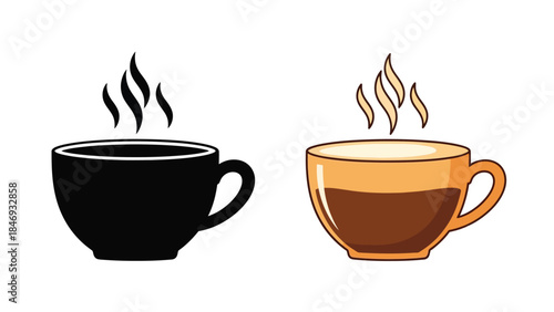 Two steaming cups of coffee one black and one with cream illustrated