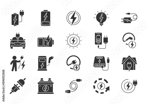 Charging thin glyph icon set. Containing battery, energy, electricity, charger, recharge, electric car, charged, power