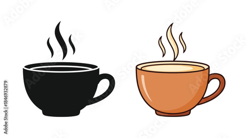 Two steaming cups a black silhouette and a golden brown illustration