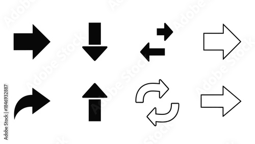 Collection of various black and white arrow symbols showing different directions