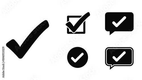 Collection of black check mark icons in various shapes and styles