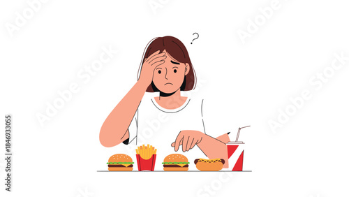 Woman overwhelmed by food choices, displaying indecision and frustration while facing a variety of fast food options.