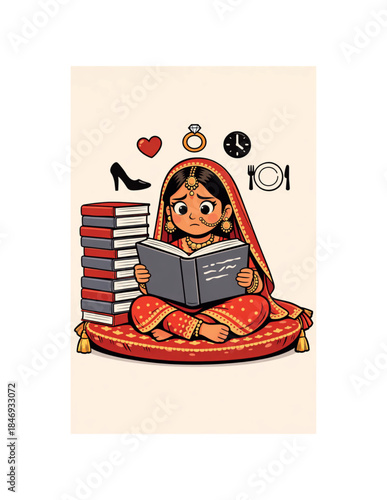 Cute Cartoon Indian Bride Studying Wedding Responsibilities – Thoughtful Traditional Illustration