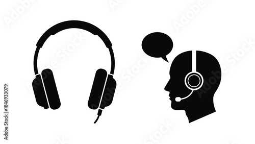 Headphones and communication icons representing customer support audio and voice services