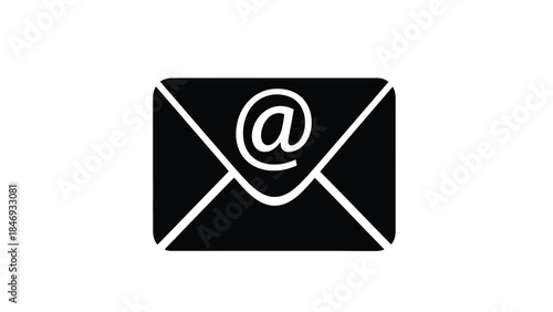Simple black and white icon of an email envelope with the at symbol