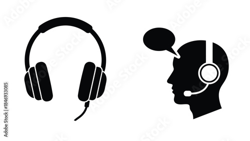 Headphones and human profile with speech bubble a communication concept