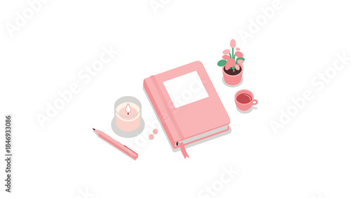 Cozy and inviting flat lay featuring a pink journal, lit candle, small plant, and a cup of tea, creating a peaceful aesthetic.