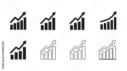 Collection of various bar graph and line graph icons in black and white