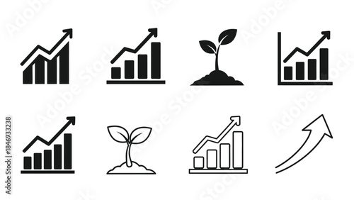 Business growth financial statistics and seedling icons depicting progress and development