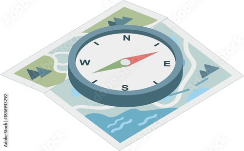 Map and compass vector for travel, adventure, and navigation. This detailed graphic is perfect for projects requiring themes of direction, exploration, discovery, and a vintage journey aesthetic.