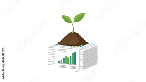 Financial growth is represented by a young plant sprouting from a stack of papers with a bar graph, symbolizing investment and success.