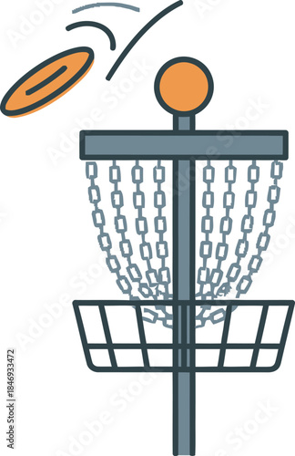 Disc golf vector illustration featuring a flying disc aiming for the chain basket. Ideal for sports, outdoor recreation, and game design, capturing the thrill of a successful throw. High-quality.