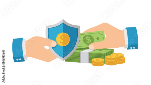 Financial security is represented by hands exchanging money for a shield, symbolizing protection and investment growth.