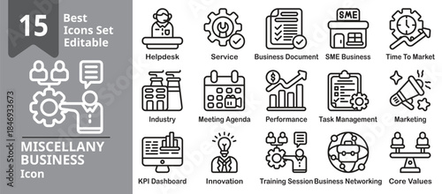 Miscellany Business icon set. Contains analytics, customer service, planning, communication, and office. Editable outline vector illustration.
