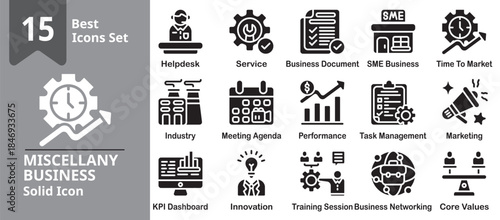 Miscellany Business Icon set. Including office, corporate, management, strategy, planning, workflow and more. Solid vector icons collection. Vector Illustration.