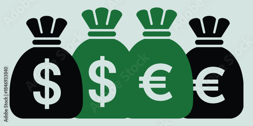 four money bags with dollar and euro symbols on green background, symbolizing monetary achievement, financial ranking, business growth, investment success, profit illustration, and wealth accumulation