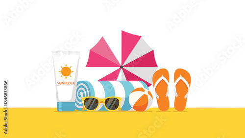 Summer vacation essentials including sunscreen, sunglasses, a beach towel, umbrella, and flip flops are arranged on golden sand.