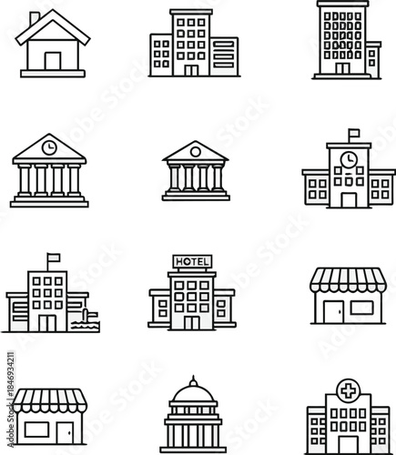  Gnerate a Building icon set. Containing house, office, bank, school, hotel, shop, university and hospital icons. Solid icon collection. Vector illustration with white background