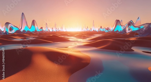 Fototapeta Naklejka Na Ścianę i Meble -  Endless desert dunes blending into glass-like holographic surfaces with warm orange sunlight merging into neon cyan reflections. Abstract futuristic background
