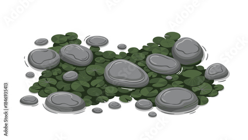 A serene arrangement of smooth gray stones nestled amongst lush green clover leaves creates a peaceful natural scene.