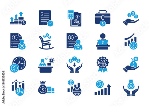 Income thin solid icon set. Containing paycheck, accounting, work, payment, tax, pension, wages, employment, investment