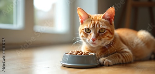 Orange tabby cat eats dry food from gray bowl. Pet lies on wooden floor near window. Animal enjoys mealtime, focused on dish. Domestic feline needs daily nutrition.