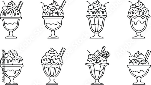 Collection of eight distinct black and white line art icons depicting various delicious ice cream sundaes served in elegant glassware
