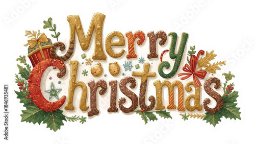 Creative “Merry Christmas” sticker featuring textured festive lettering, warm holiday colors, and decorative elements like leaves, gifts, bows, and winter icons. Ideal for greeting cards, stickers, pr
