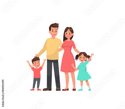 Family Togetherness: A heartwarming illustration of a happy family embracing each other. The scene depicts a couple standing with their children, the vibrant colors reflect warmth and affection.