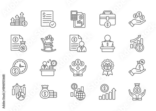 Income thin line icon set. Containing paycheck, accounting, work, payment, tax, pension, wages, employment, investment