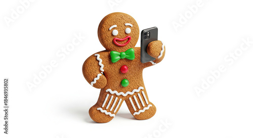 Happy 3D gingerbread man cookie character holding a smartphone isolated on white background
