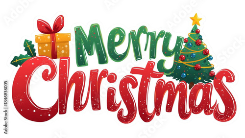 Festive “Merry Christmas” sticker with bold red hand lettering, decorated with pine branches, gift box, bells, and holiday ornaments. Perfect for greeting cards, planners, digital designs, and Christm