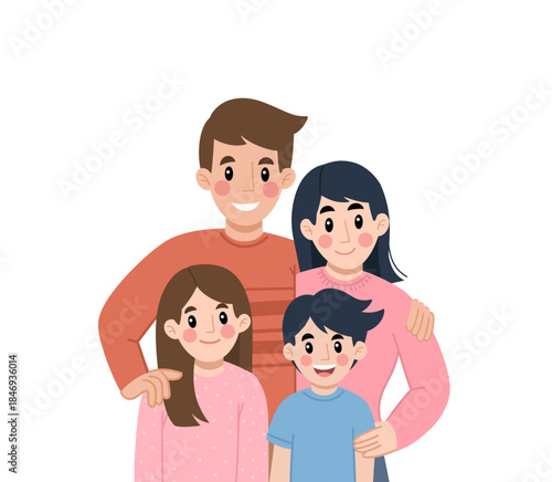 Family Portrait of Togetherness: A heartwarming illustration of a family, filled with love and warmth. Featuring a mother, father, daughter, and son, the image conveys a sense of unity, happiness.