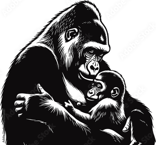Black and white of gorilla embracing baby gorilla primates gorilla, baby gorilla, black and white, primates, animals, wildlife, embracing, hug, mother, parent, child, monochrome, woodcut style, fur, m