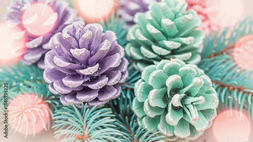 Colorful pinecones arranged with evergreen branches and festive decor  