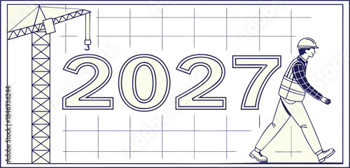 Blueprint design for 2027 construction project with worker