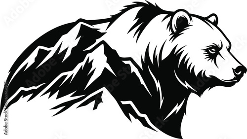 Black bear head silhouette merged with jagged mountain peaks black bear, bear head, silhouette, mountain peaks, jagged mountains, wildlife, nature, animal, mountains, peak, monochrome, black and white