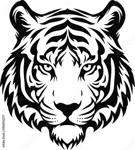 Black and white tribal tiger face animal black, white, tiger, tribal, animal, face, head, stencil, wildlife, predator, feline, stripes, pattern, monochrome, bold, lines, shapes, animalistic, symbolic,