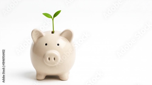 Piggy bank with a sprout growing out of it on a white background